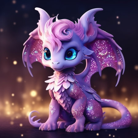 Cute fairytale dragon with wings in shimmering shine. Friendly and pleasant character.の素材