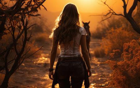 A cowboy girl with curly hair wearing a hat walks through a field against the backdrop of a beautiful desert and prairie landscape. Rear view of the heroine.の素材
