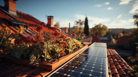 Solar panels on the roof of a house at dawn. The theme of ecology and reasonable economical consumption of electricity.の素材