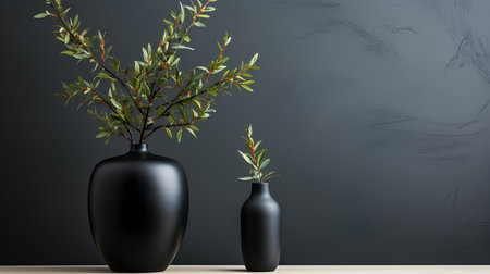 Black ceramic vases with plants against a dark wall. Minimalism in the interior.の素材