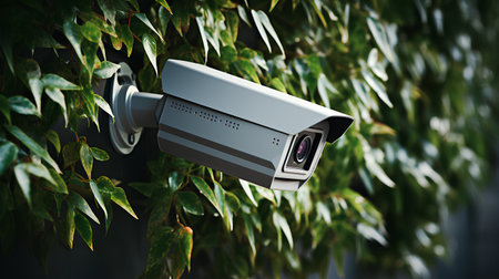 A surveillance camera is installed on the wall of the house. security symbol. digital technologies.の素材
