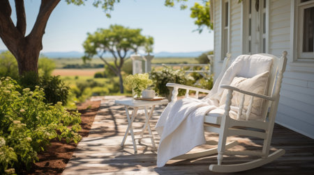 A light wooden rocking chair against the background of a white house. The theme of rest and relaxation.の素材