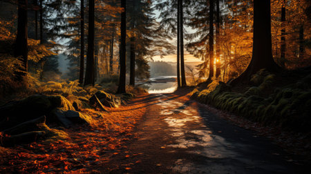 Road passing through an orange forest at dawn. Autumn season.の素材