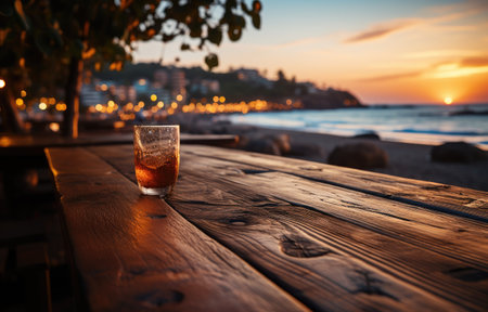 Wooden table on a blurred background. Beach, palm trees, holiday theme.の素材