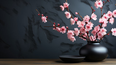 Black ceramic vase with a plant. Against the background of a stone wall. The theme of minimalism and simplicity.の素材