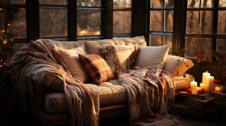 Large soft sofa with pillows and a wool blanket. Interior Design. Symbol of a comfortable life.の素材