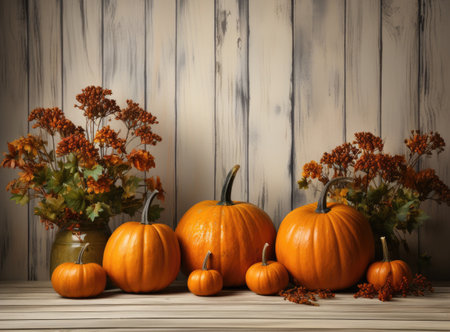 Composition with pumpkins and plants on the background of a wooden wall. The theme of harvest, proper nutrition and successful farming.の素材