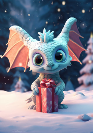 A beautiful cute magic dragon with big kind eyes sits against the backdrop of a fairy forest. A wonderful and sweet character.の素材