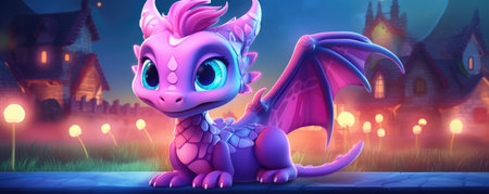 A beautiful cute purple magic dragon with big kind eyes sits against the backdrop of a fairy forest. A wonderful and sweet character.の素材