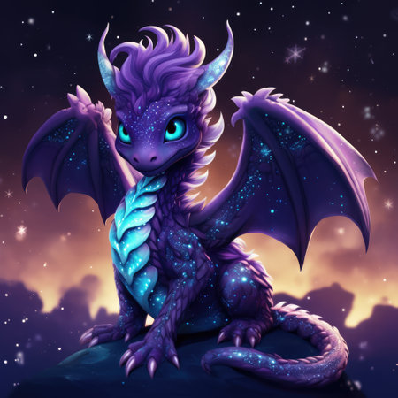 Cute fairytale dragon with wings in shimmering shine. Friendly and pleasant character.の素材