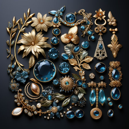 A set of expensive antique beautiful jewelry made of blue crystal in a gold frame.の素材
