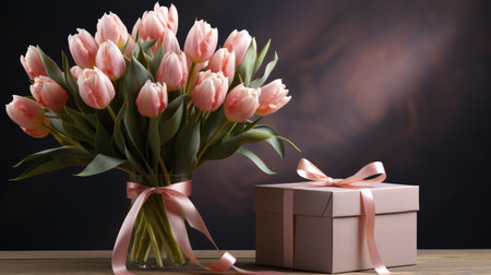 Gift box with a bow and a bouquet of tulips on an abstract background. Festive event.の素材