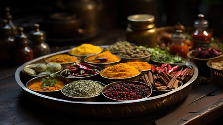 A lot of aromatic fragrant spices in containers on a wooden table. Cooking theme.の素材