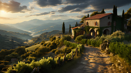 Green fertile fields of Italy. Rich villas and vineyards.の素材