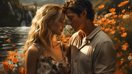 A man and a woman in love stand next to each other against the backdrop of autumn vegetation. Theme of love.の素材