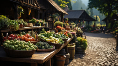 Large farmer's market with fresh vegetables and fruits in baskets on wooden tables. The theme of a healthy lifestyle and vegetarianism.の素材