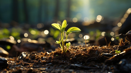 A green young seedling grows from the ground. Theme of gardening and ecology.の素材