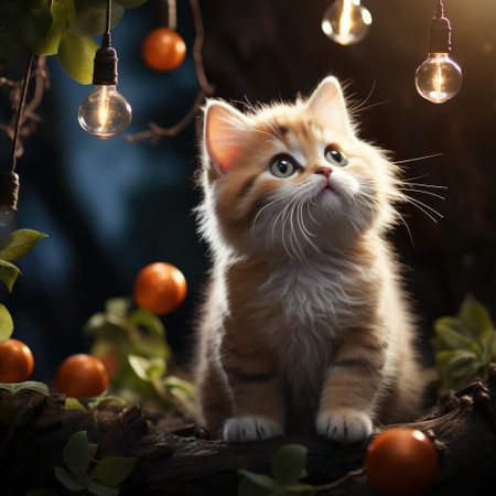 A small red curious kitten sits on a tree branch and looks at the light bulbs.の素材