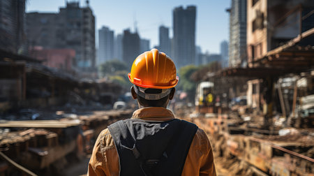 A male architect-builder stands in a hard hat against the background of a building under construction. Back view.の素材