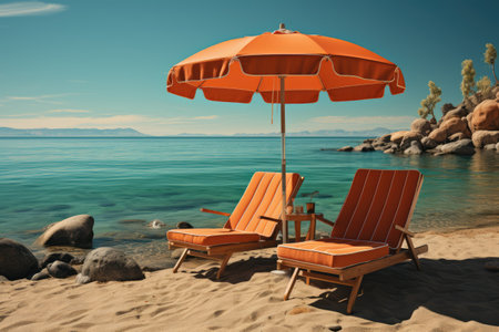 Two sun loungers sit under a large umbrella on the golden sand. Theme of rest and relaxation.の素材