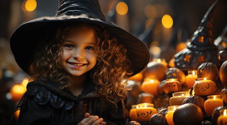 Cute little girl wearing a Halloween witch hat smiling. On a blurred background of pumpkins and candle lights.の素材