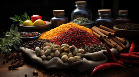 Multi-colored natural seasonings and spices of India. Fragrant land plants and herbs in clay plates on a wooden table. Gastronomic travel theme.の素材