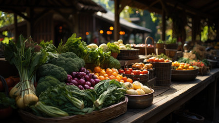Large farmer's market with fresh vegetables and fruits in baskets on wooden tables. The theme of a healthy lifestyle and vegetarianism.の素材