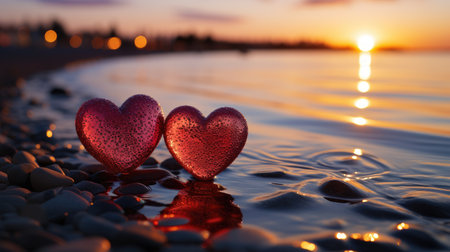 Two glass red hearts on a sandy beach against the backdrop of a sunset at sea. Romantic symbol of love.の素材