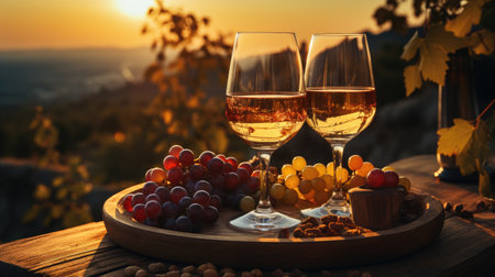 A glass of wine and grapes on a wooden table against the background of dawn. Luxury lifestyle theme.の素材