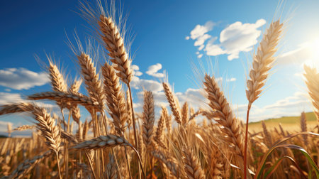Yellow ripe ears of wheat in the field. Theme of successful freezing and farming.の素材