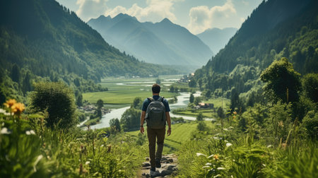 A tourist with a backpack on his shoulders walks along a trail in a beautiful mountainous area. Theme of travel and freedom.の素材