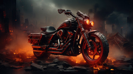 A beautiful stylish powerful heavy motorcycle stands in the middle of stones and a flaming street.の素材