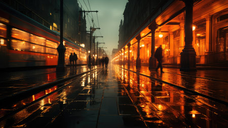 View of the metropolis illuminated by lights against the backdrop of the setting sun. Large streets and buildings of the city.の素材