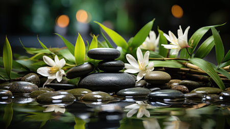 Black smooth stones in clear water and candlelight. The atmosphere is cozy and relaxing.の素材