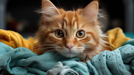 A young mischievous orange tabby cat hid in a pile of dried laundry and watches from there. Favorite pets. Bright wallpaper.の素材