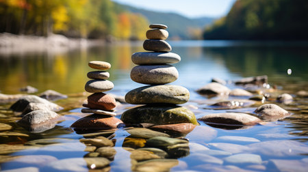 A pyramid of stones against the backdrop of a mountain river and green forest. The theme of equilibrium and balance.の素材