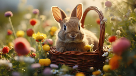 Rabbit Sitting in Basket in Field of Flowersの素材