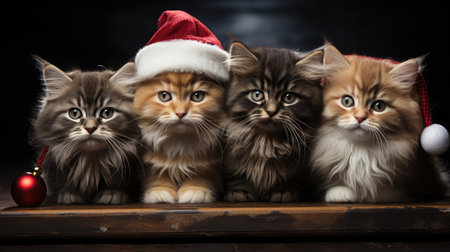 Cute adorable fluffy kittens in red Santa Claus hats. Theme of Christmas and New Year holidays. Pets for posters and calendars.の素材