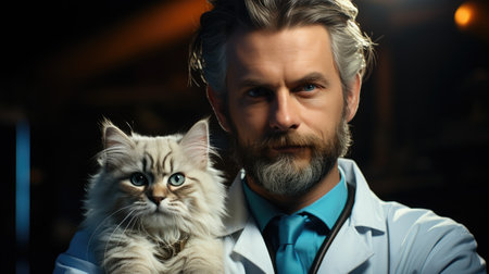 A male veterinarian in a white suit holds a cute fluffy kitten in his hands. Theme of treatment and care of pets.の素材