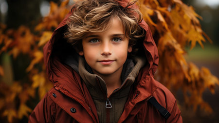 Young Boy Wearing Red Jacket Standing in Front of Treeの素材