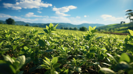 Fresh shoots of green plants on a large field. Theme of agriculture and successful harvest.の素材