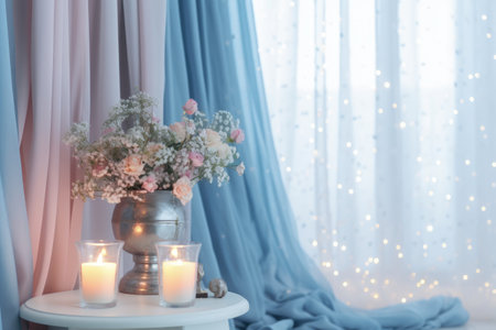Large window with thin tulle and blue curtains. Burning candles and a vase of flowers. Romantic and bright interior.の素材