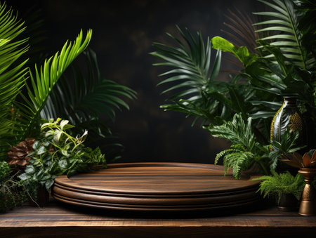 Wooden round platform for displaying goods. Against a background of tropical leaves and plants.の素材