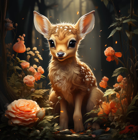 Baby Deer Resting in Forest Clearingの素材