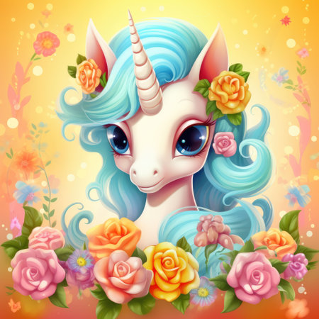Cute cartoon unicorn with a blue mane and colorful roses on a yellow abstract background.の素材