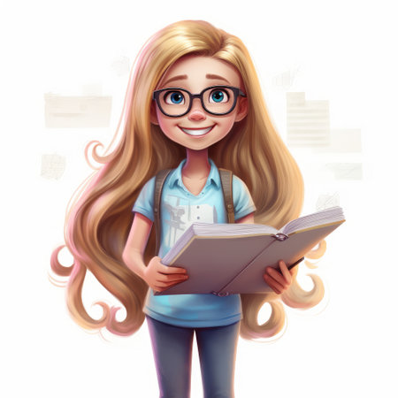 Cartoon Girl With Glasses Holding a Bookの素材