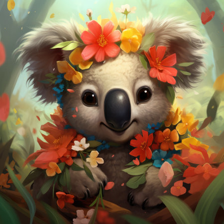 Baby Koala in Tree Surrounded by Flowersの素材