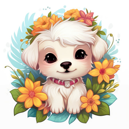 White Cute Dog With Flowersの素材