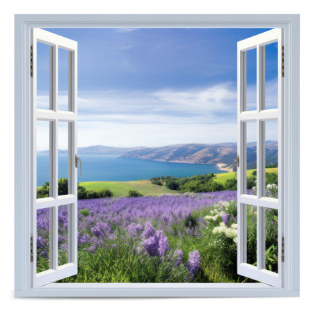 Open window overlooking a beautiful landscapeの素材