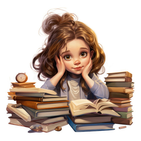 Little Girl Sitting in Front of Pile of Booksの素材